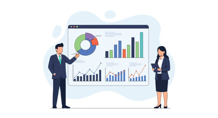 Flat illustration of business professionals analyzing pie charts, bar graphs, and line charts on a large digital screen, discussing data insights, strategy, and corporate performance for growth