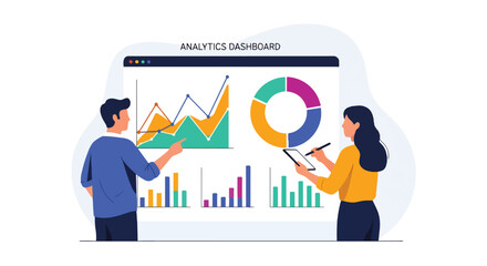 Flat illustration of business colleagues analyzing charts and graphs on a digital dashboard, discussing strategy, growth, and financial performance for corporate planning, teamwork, and decision
