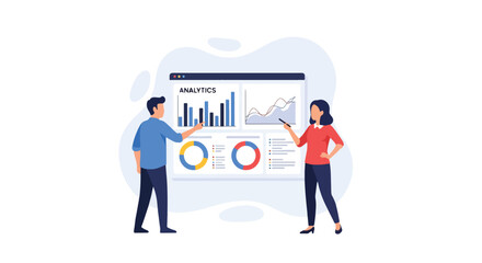 Flat illustration of business colleagues analyzing charts and graphs on a digital dashboard, discussing strategy, growth, and financial performance for corporate planning, teamwork, and decision