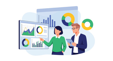 Flat illustration of business colleagues analyzing charts and graphs on a digital dashboard, discussing strategy, growth, and financial performance for corporate planning, teamwork, and decision