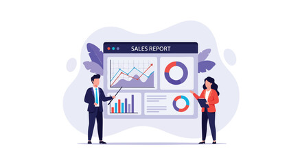Flat vector illustration of business professionals presenting a sales report with dashboard charts, bar graphs, and pie charts, analyzing performance and financial growth strategy