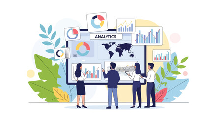 Flat design vector illustration of business team analyzing data with charts and graphs on a big screen, discussing analytics, performance, and strategy for corporate growth and decision-making