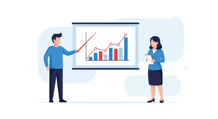 Fototapeta premium Flat style vector illustration of business professionals presenting bar and line charts, discussing financial data, strategy, and planning for corporate growth, teamwork, and success