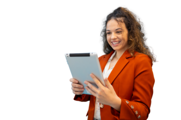 Professional businesswoman working on digital tablet, wearing corporate attire, standing against transparent isolated background