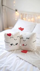 Cute white plush pillows with hearts, kissing, on a bed