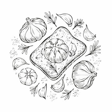 hand drawn garlic bread line art for food design