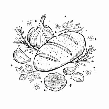 hand drawn garlic bread line art for food design