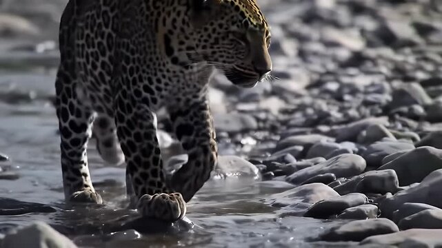 Leopard Walking Through Shallow Water in River with Rocks Under Bright Daylight