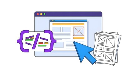 Digital design process showing coding, website wireframes, and user interface mockups on screen