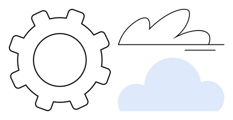 Black outline gear, fluffy blue cloud, and abstract line cloud combined to convey themes of technology, efficiency, and connectivity. Ideal for innovation, cloud computing, teamwork, data process