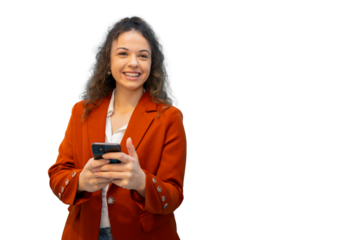 Cheerful businesswoman using mobile phone, isolated on transparent background, ideal for easy integration into any design project