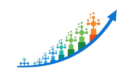 Dynamic graph shows business growth and success with upward trending arrow and colorful bars