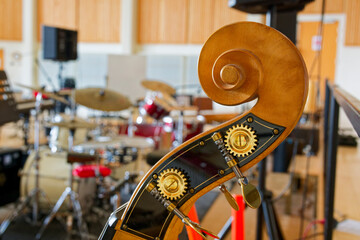 Double bass scroll with tuning machines and gears detail