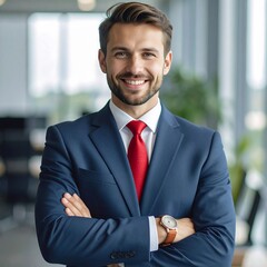 Confident businessman in navy suit, red tie, arms crossed