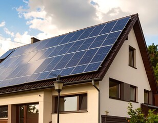 Fototapeta premium Solar panels on a house under a partly cloudy sky
