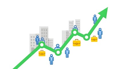Dynamic business growth visualized with upward trending graph, people icons, and briefcases against city skyline