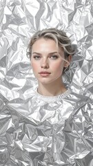 Woman with light blonde hair, fresh makeup, and a simple top, laid against a crumpled silver foil background