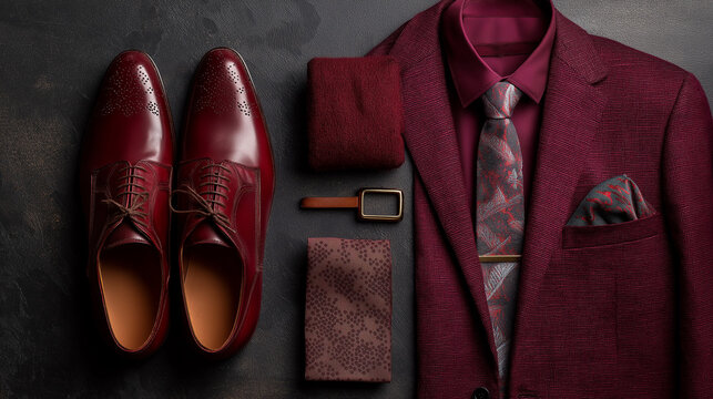 High-end tailoring flat lay: burgundy red suit, tie, polished shoes arranged on dark textured background, luxury menswear branding style