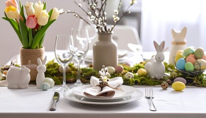 Festive Easter table setting with tulips, bunnies, eggs, and greenery