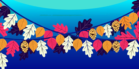 Colorful autumn leaves and pine cones create a vibrant seasonal decoration against a blue background, embodying the essence of fall and nature's beauty in a festive atmosphere