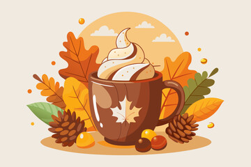 Warm autumn beverage in a cozy mug surrounded by colorful leaves, pinecones, and acorns, capturing the essence of fall vibes and seasonal comfort