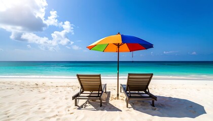 Sunny beach scene with colorful umbrella and lounge chairs