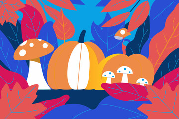 Fototapeta premium Colorful autumn illustration featuring vibrant pumpkins, whimsical mushrooms, and lush foliage, creating a cheerful seasonal atmosphere with a playful vibe