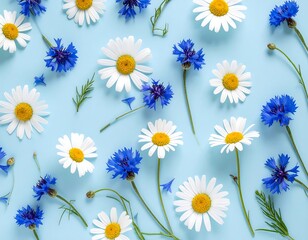 Floral pattern of white daisies and blue cornflowers on a light blue background