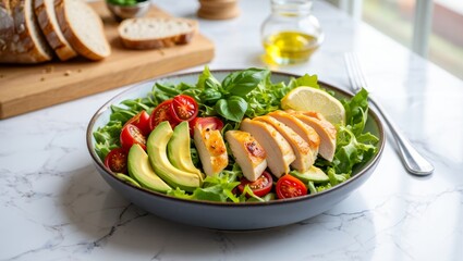Grilled chicken breast salad with creamy avocado, ripe tomatoes, and crisp lettuce, plated on marble surface near olive oil, bread, and dining utensil
