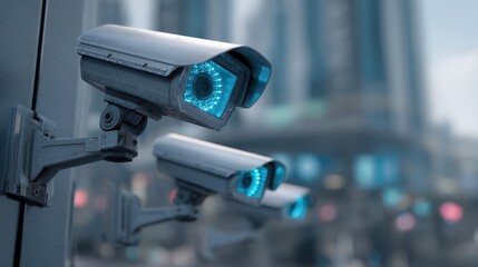 Vigilant Blue Eyes - Advanced AI Security Cameras Monitoring a Futuristic Urban Landscape.