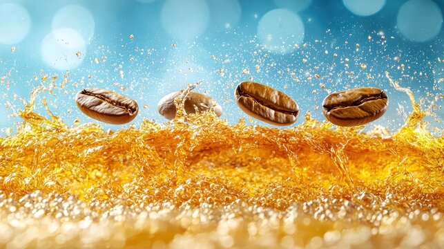 Coffee beans splashing into a liquid wave, suspended in air, against bright blue