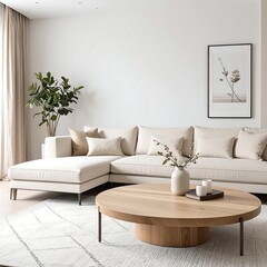 Beige living room with sectional couch and round coffee table