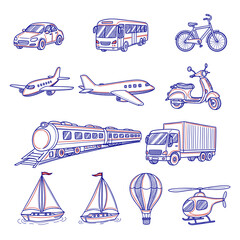 Set of  transport icons in hand drawn blue and red doodle style. Vector illustration with car, bus, bicycle, scooter, airplane, train, truck, sailboat, hot air balloon, helicopter.