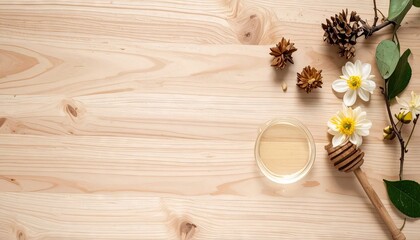 Honey, Flowers, and Pine Cones on Wooden Background