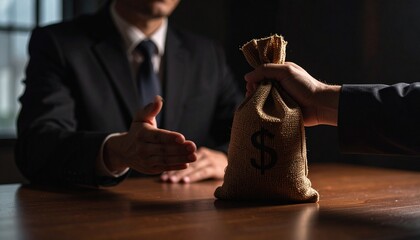Two figures exchanging a bag of money on a wooden table. One extends their hand in a handshake while the other holds a sack.