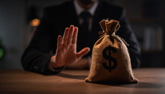 A person rejecting money. The image shows a person wearing a formal business suit and gesturing a stop sign with one hand toward a money bag with a dollar sign printed on it.
