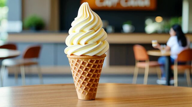 Vanilla Swirl Bliss: A delicious vanilla ice cream cone rests on a wooden table with soft serve, capturing the perfect moment of pure and simple pleasure.
