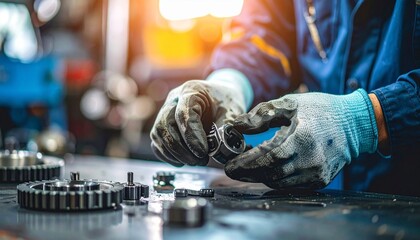 A skilled mechanic carefully examines and handles mechanical parts, bathed in the warm glow of workshop lighting