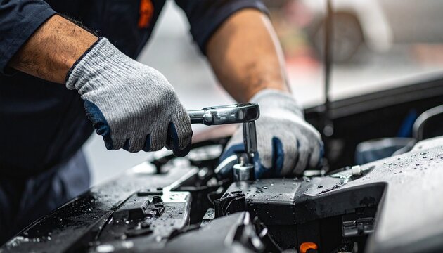 An auto mechanic using a socket wrench to repair a car engine
