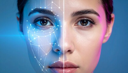 A futuristic facial recognition and security system concept displayed with a split-face