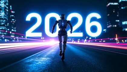 Fototapeta premium A futuristic image shows a robot running toward a glowing 2026 sign on a city road, symbolizing the future of technology and progress. The scene evokes a sense of anticipation and innovation.
