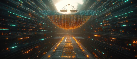 Digital Justice Scales atop circuit-lined path to light, glowing matrix