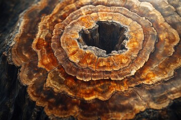 Obraz premium Close-up of a tree stump cross-section revealing concentric rings and a hollow center, showcasing intricate wood grain patterns and rich brown and orange hues.