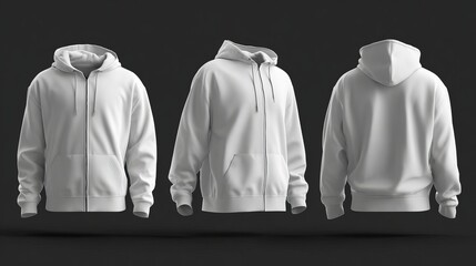 Hooded sweatshirt mockup with zipper shown front side back 3D rendering 3D illustration
