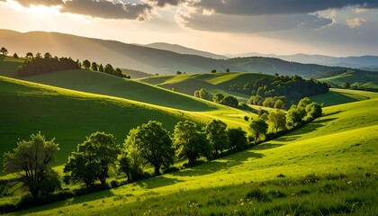 Fototapeta premium Lush green hills under a golden sunset