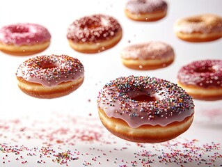 Donuts with sprinkles floating in air against a white backdrop