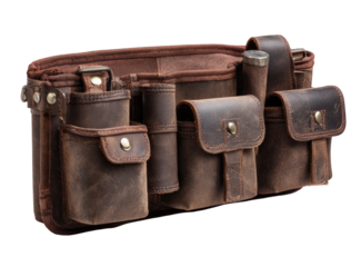 Rustic brown leather tool belt with many pockets