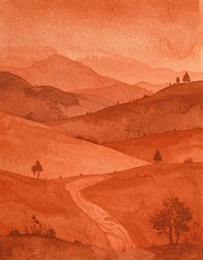 Warm, muted orange landscape painting of winding valley with mountains