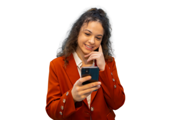 Young manager with red suit using mobile phone on transparent background, perfect for easy compositing