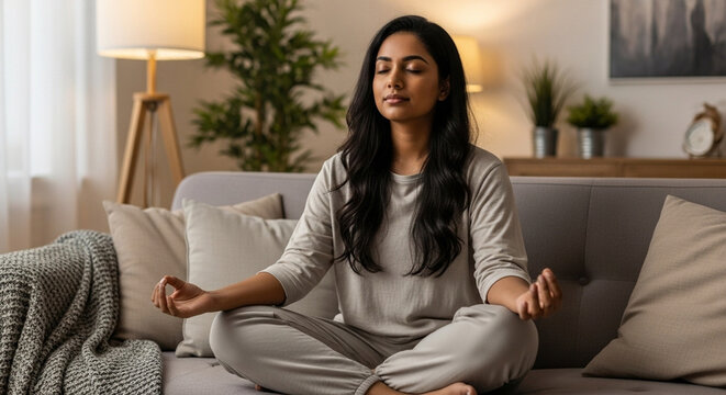 Peaceful latin hispanic or middle eastern brunette girl doing yoga, reduce stress sit on sofa at home interior. Relaxed young indian woman sitting on couch, meditating with closed eyes in lotus pose.